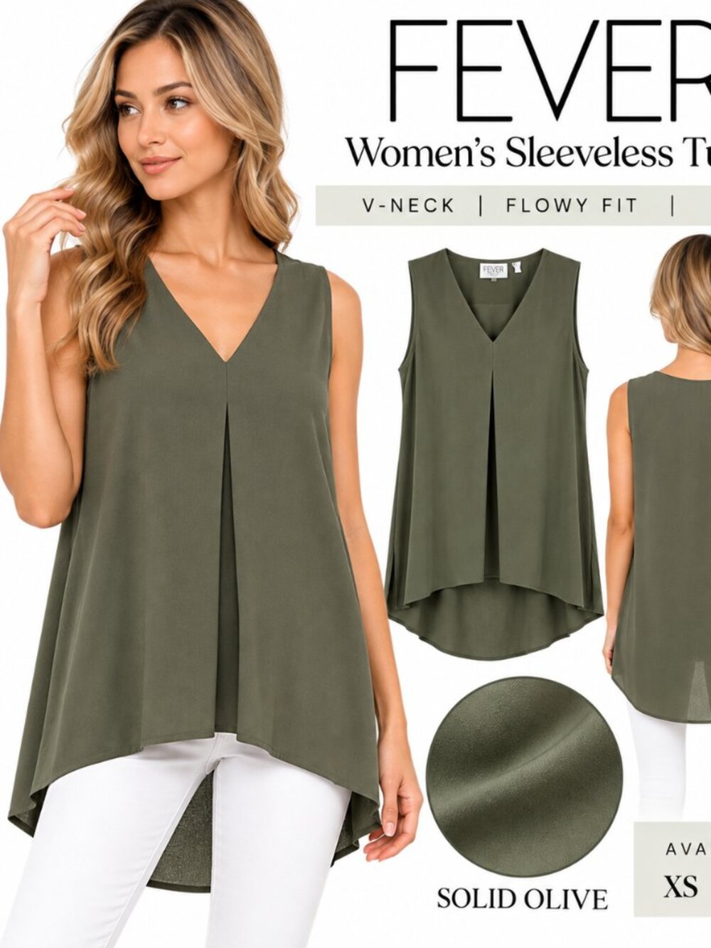 Fever Women’s Sleeveless V-Neck Hi-Low Tunic Top Olive NWT